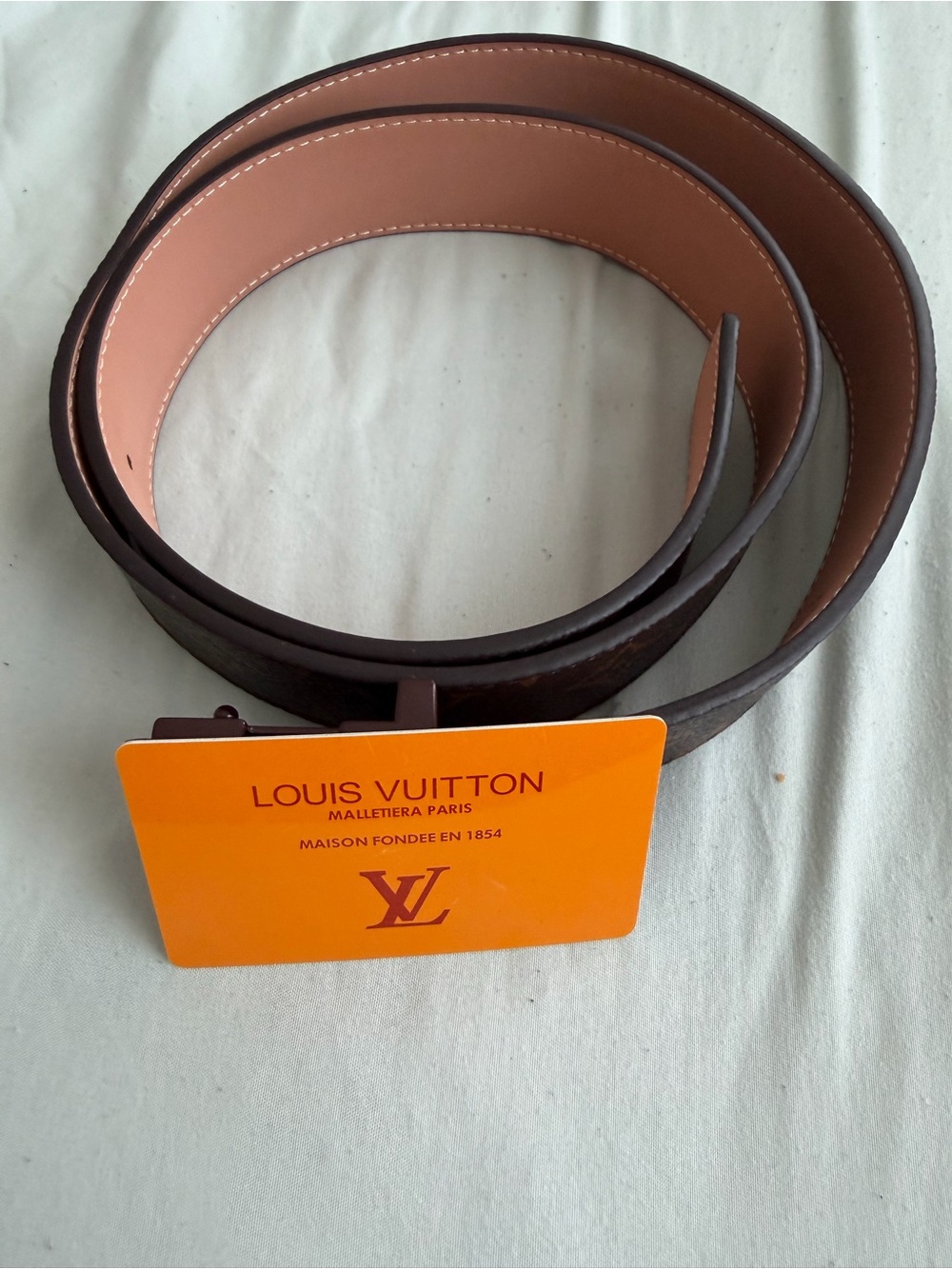 Louis Vuitton Brown Leather Belt with Tan Interior and Orange LV Plaque